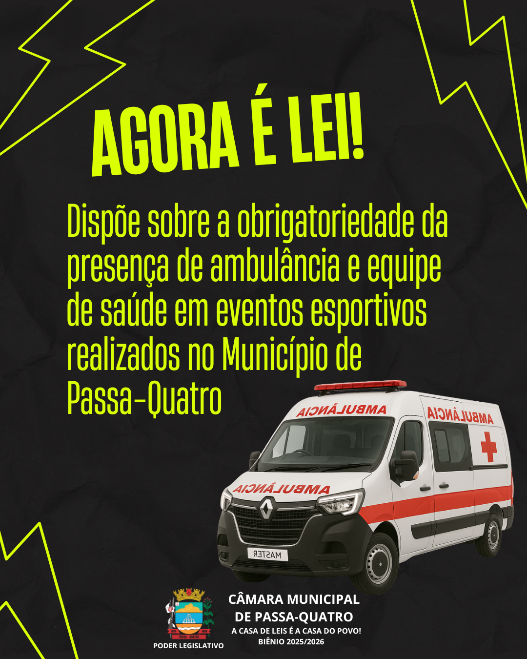 Agora é Lei! Ambulância e equipe de saúde passam a ser obrigatórias em eventos esportivos de Passa-Quatro