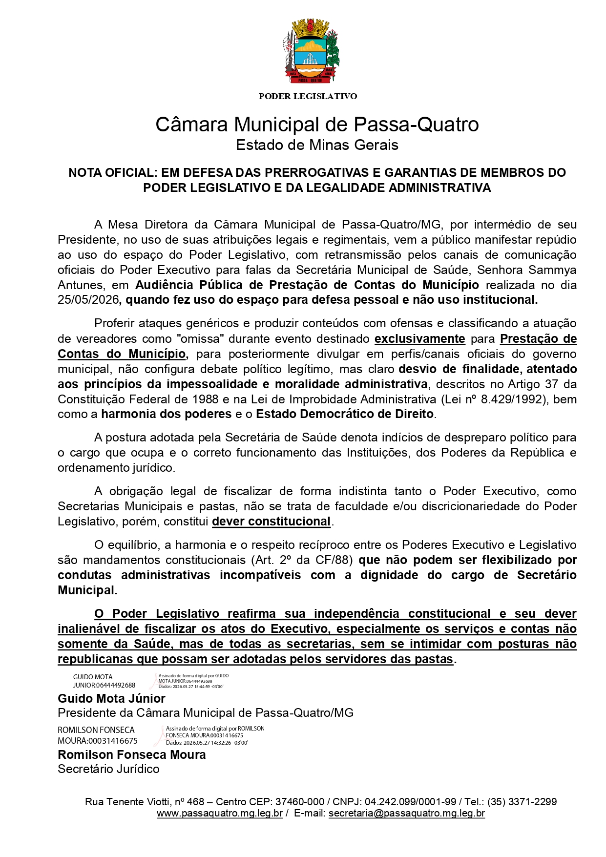 NOTA OFICIAL: EM DEFESA DAS PRERROGATIVAS E GARANTIAS DE MEMBROS DO  PODER LEGISLATIVO E DA LEGALIDADE ADMINISTRATIVA